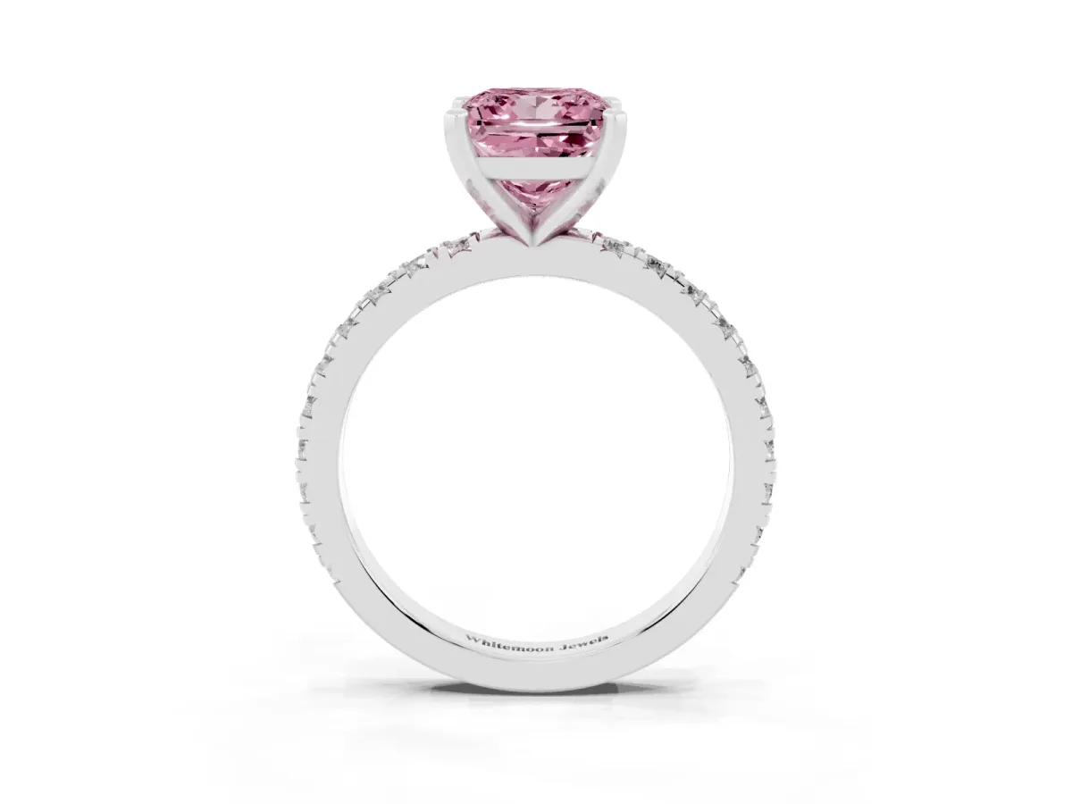Fancy Pink Princess Cut Diamond Pavé Band Solitaire with Four-Prong Setting Silver