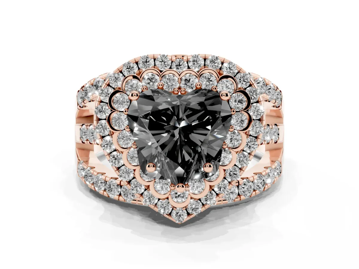 Fancy Black Heart Cut Diamond Double Halo Ring with Round Pavé Split Shank and Prong Setting Rose gold