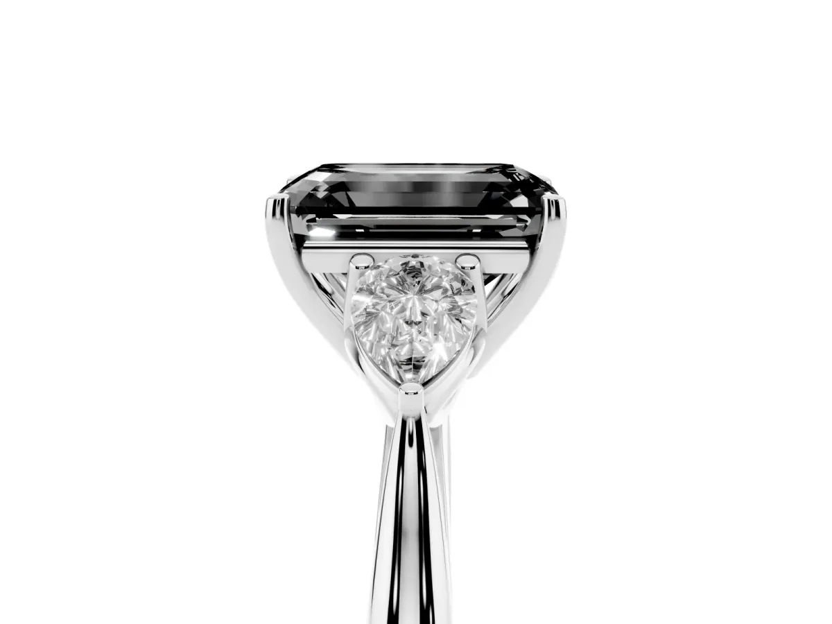Fancy Black Emerald Cut Diamond Three-Stone Ring with Pear Side Stones and Prong Setting White gold