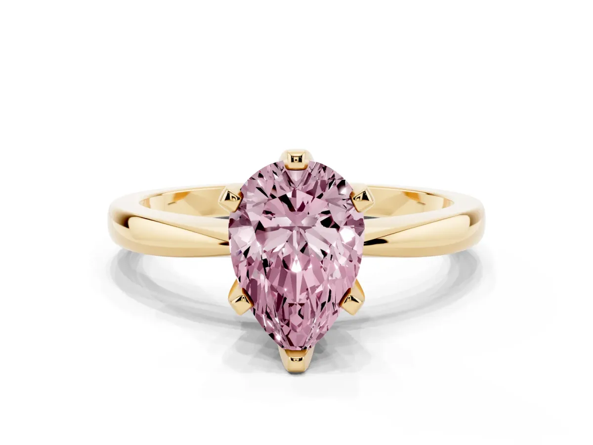 Fancy Pink Pear Cut Solitaire Engagement Ring with Six-Prong Setting and Tapered Band Yellow gold