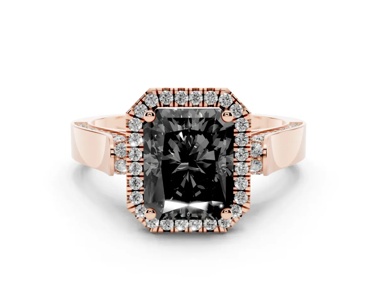 Fancy Black Radiant Cut Halo Round Diamond Twist Band with Four-Prong Setting Rose gold