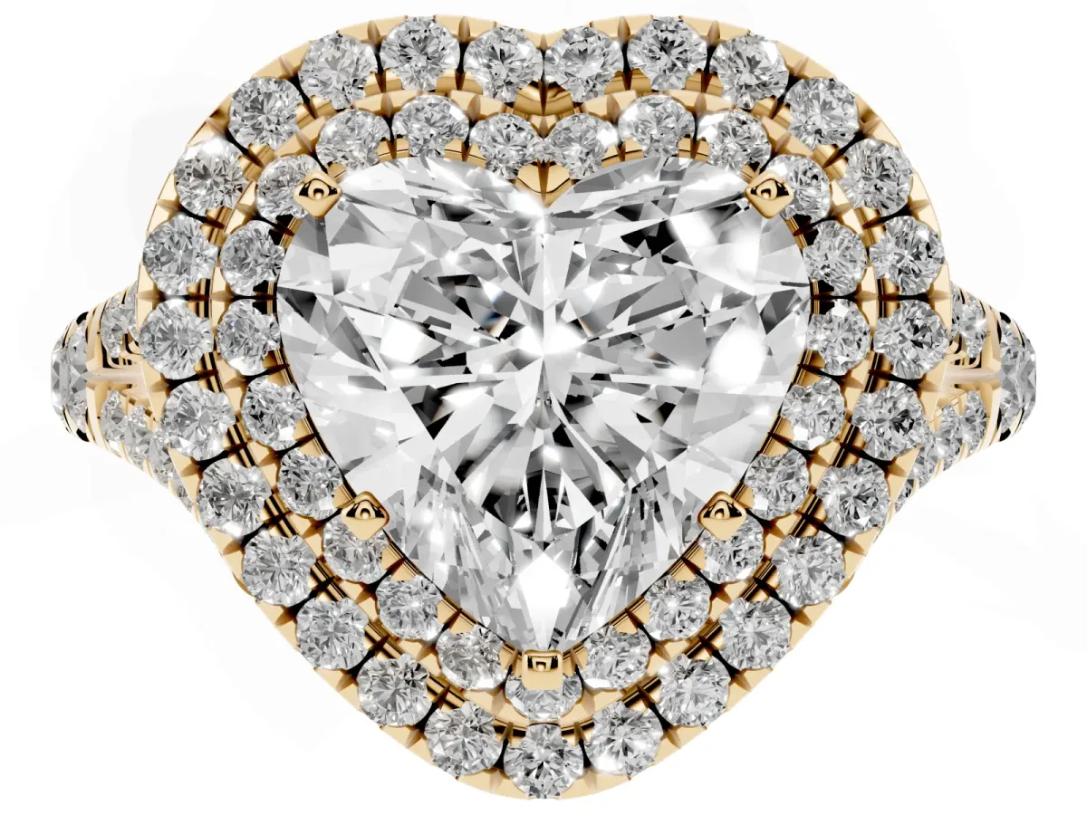 Heart Cut Cut Double Halo Split Shank Diamond Ring with Prong Setting Yellow gold