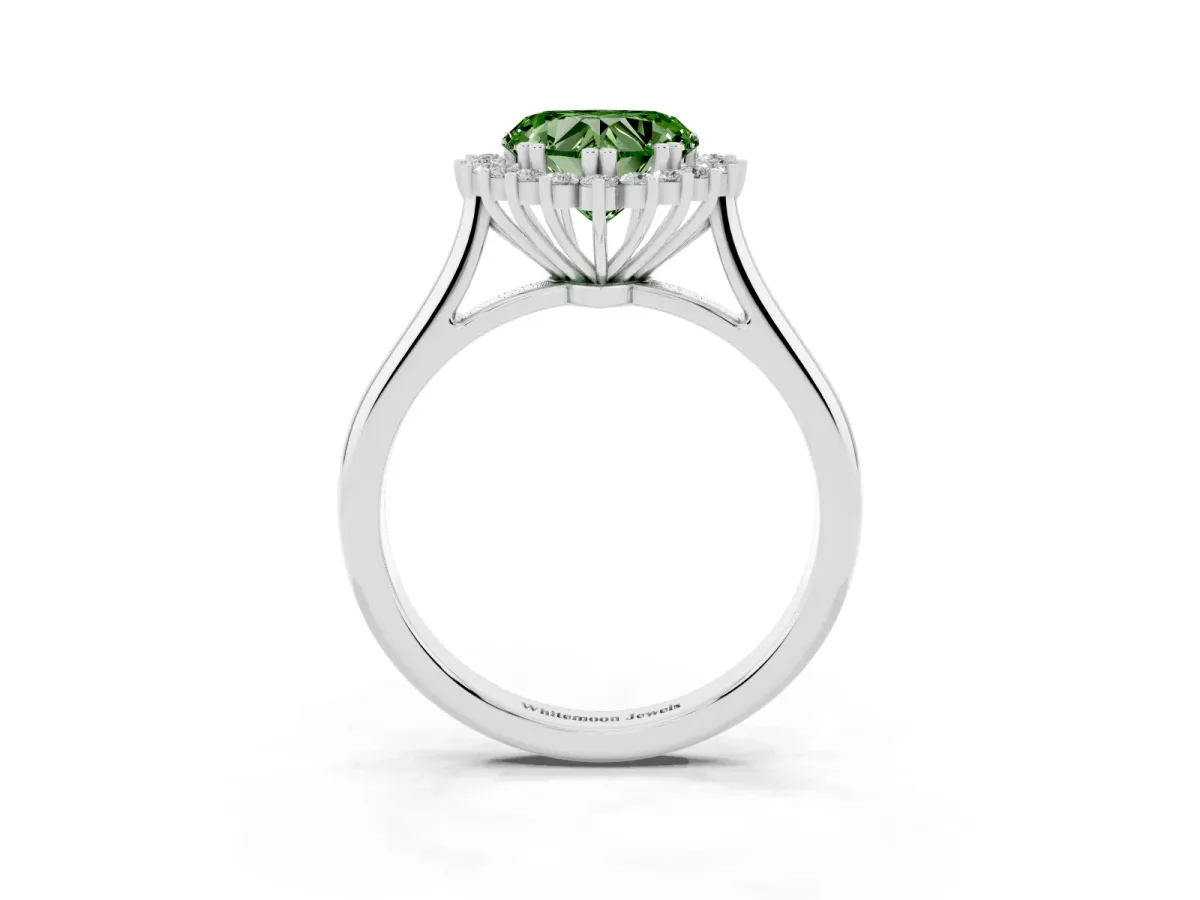 Fancy Green Heart Cut Cut Diamond Halo Ring with Solitaire Band and Prong Setting Platinum