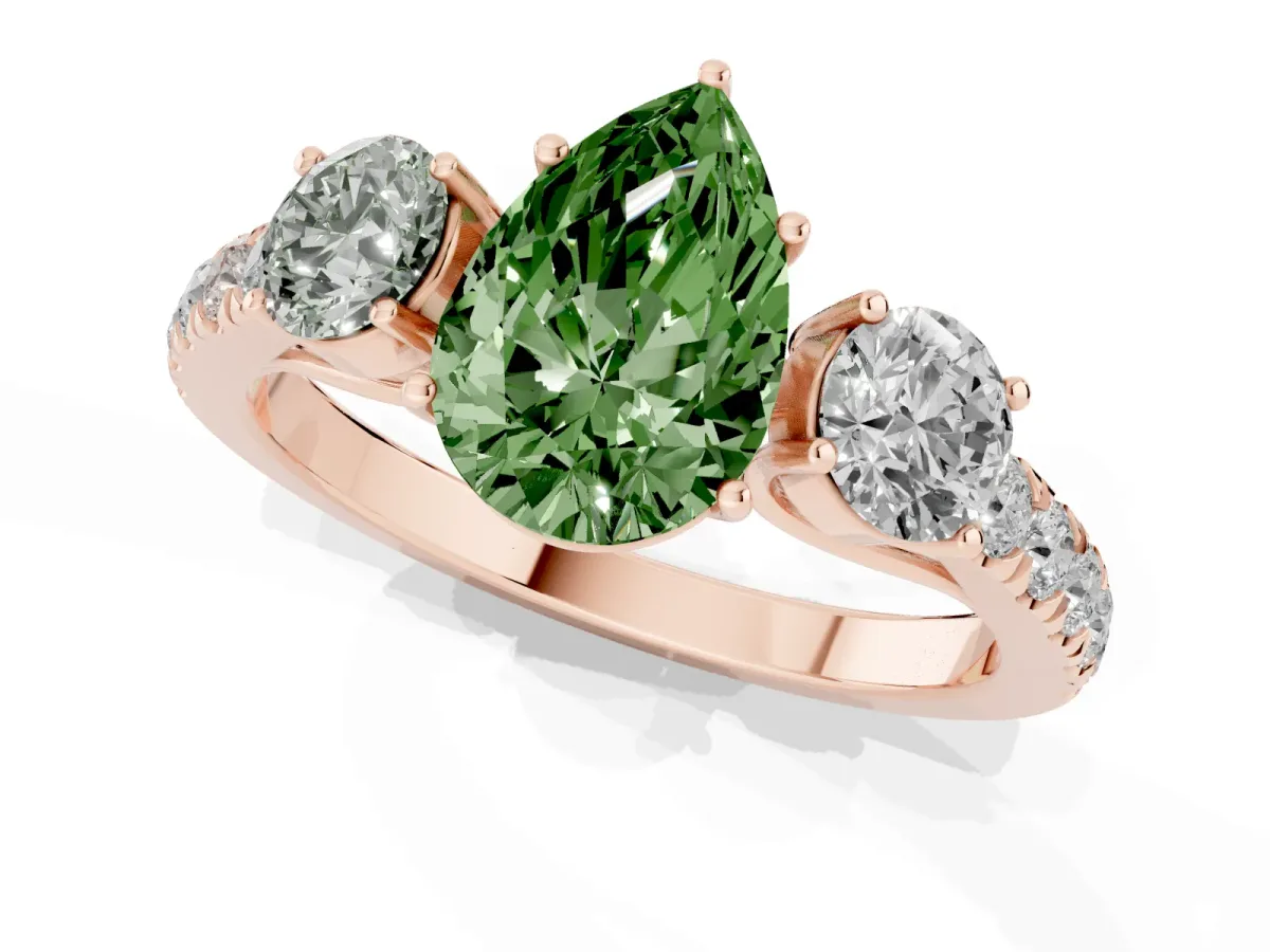 Fancy Green Pear Cut Cut Diamond Three-Stone Ring with Round Side Stones and Pavé Band Rose gold