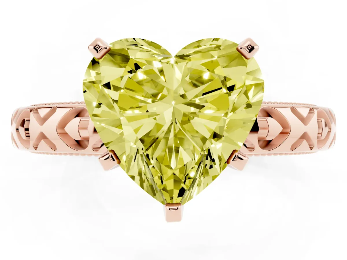 Fancy Yellow Heart Cut Solitaire Diamond Engagement Ring with XO Engraved Band and Four-Prong Setting Rose gold