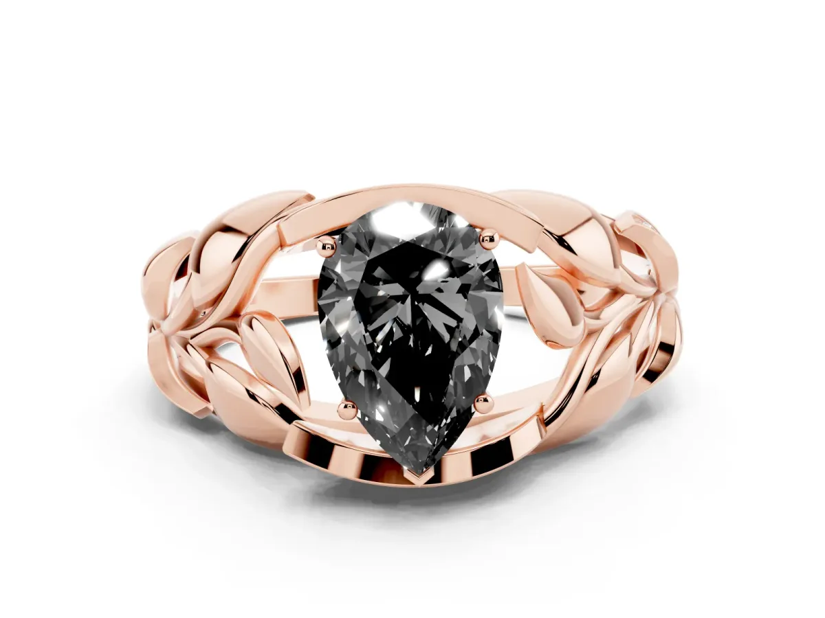 Fancy Black Pear Cut Diamond Leaf-Inspired Engagement Ring with Round Accents and Prong Setting Rose gold