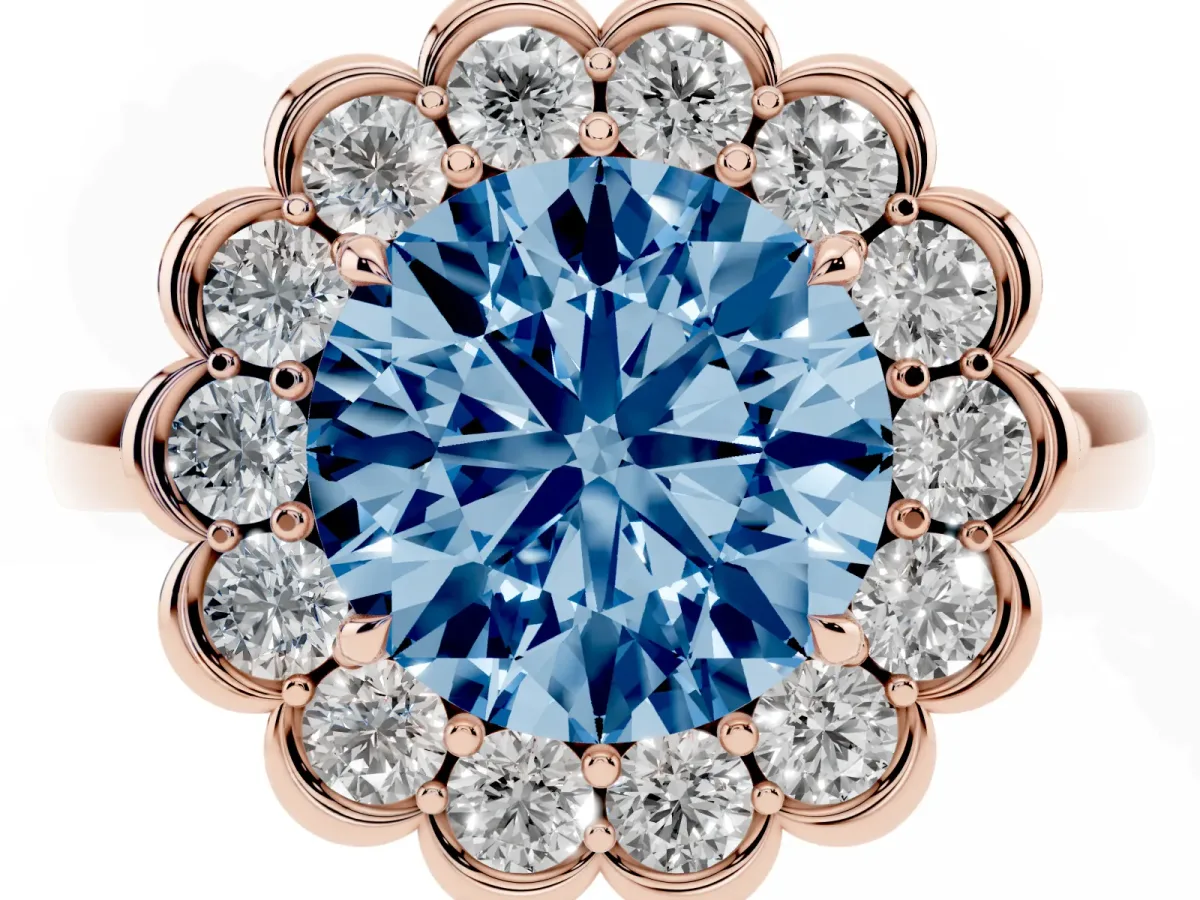 Fancy Blue Round Cut Halo Cluster Diamond Engagement Ring with Solitaire Band and Prong Setting Rose gold