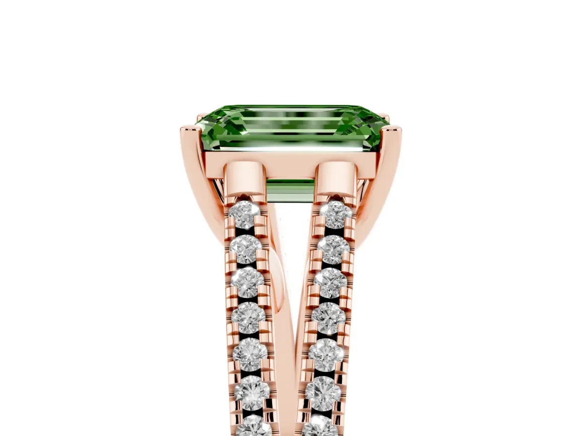Fancy Green Emerald Cut Diamond Solitaire Engagement Ring with Split Shank Pavé Band Rose gold