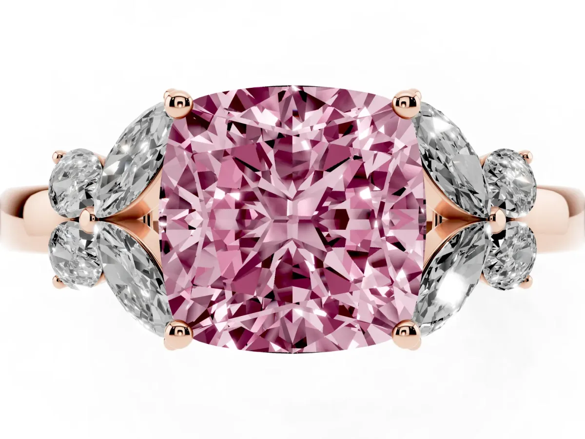 Fancy Pink Cushion Cut Cut Solitaire Floral Diamond Ring with Four-Prong Setting Rose gold