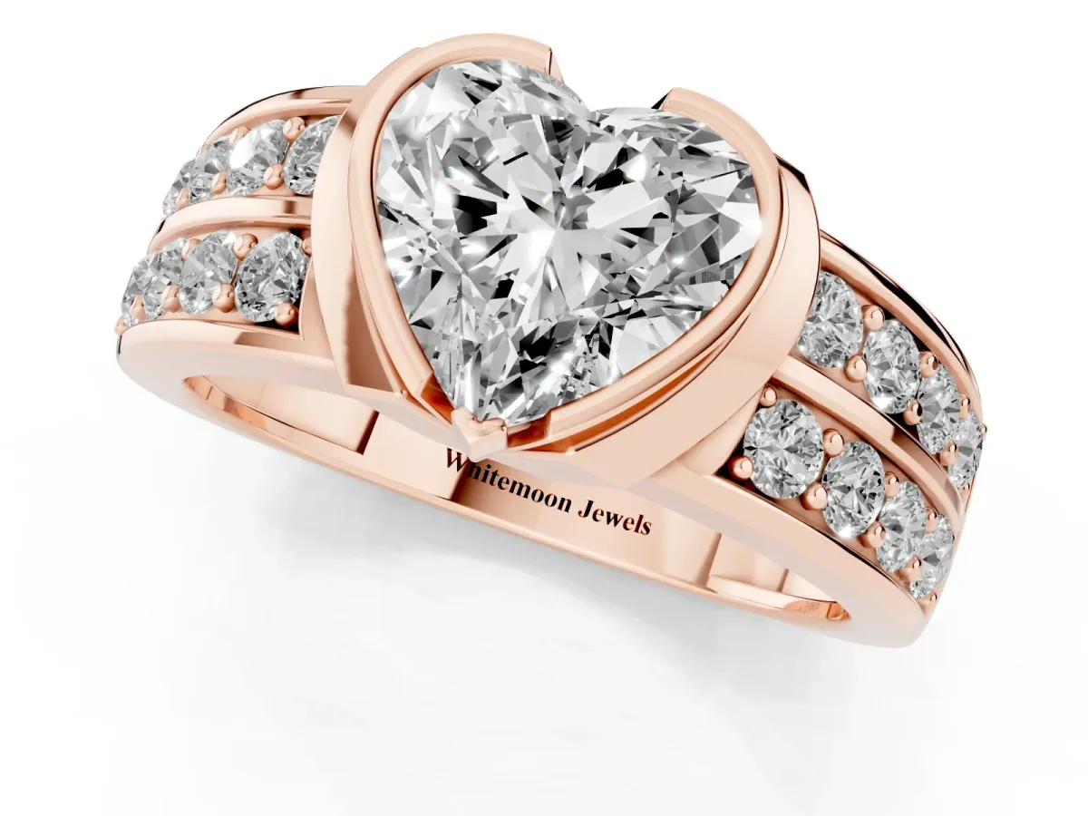 Heart Cut Brilliant Diamond Channel Set Wide Band Ring with Bezel Setting Rose gold