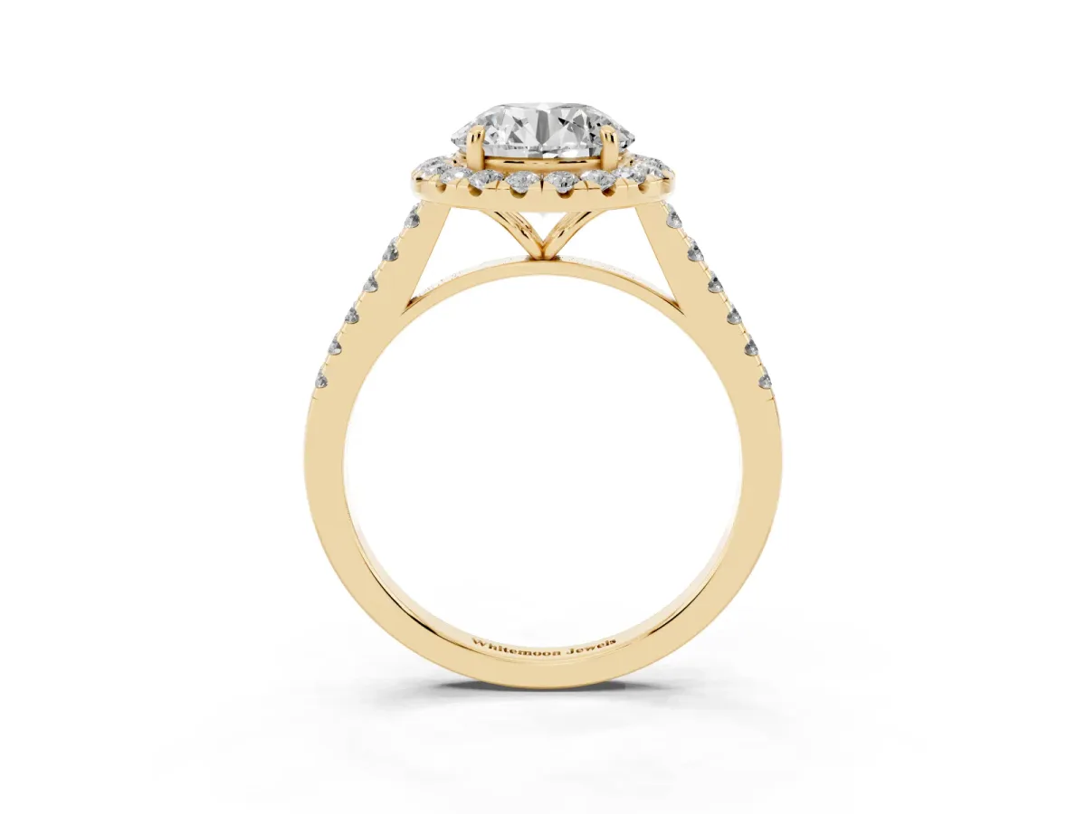 Round Cut Halo Pave Diamond Engagement Ring with Four-Prong Setting Yellow gold