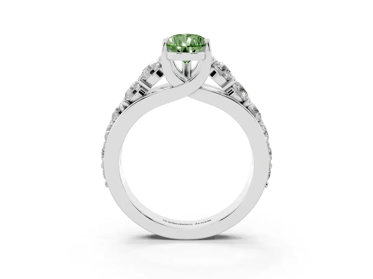 Fancy Green Pear Cut Diamond Engagement Ring with Pavé Band and Four-Prong Setting White gold