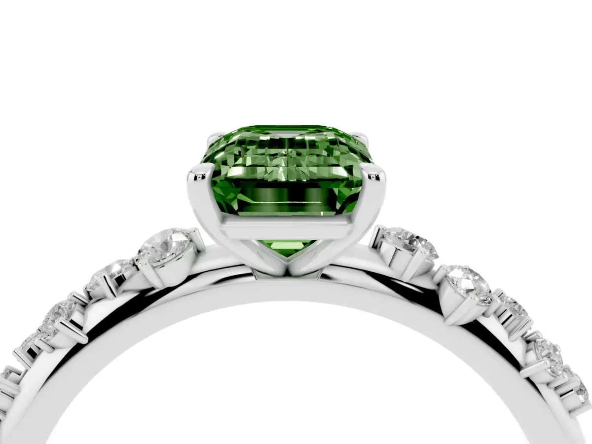 Fancy Green Emerald Cut Diamond Cluster Prong-Set Solitaire Ring White gold