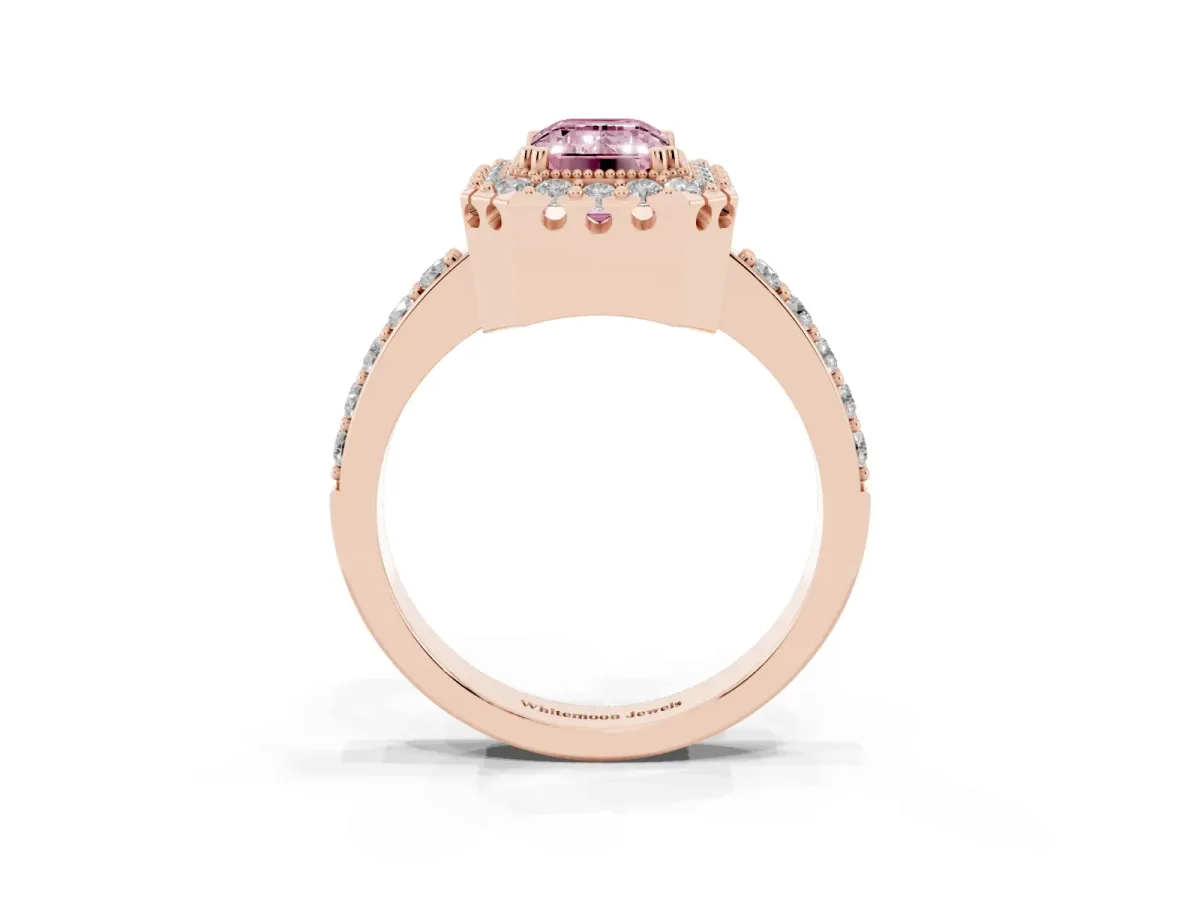 Fancy Pink Emerald Cut Diamond Halo Ring with Pavé Band and Prong Setting Rose gold