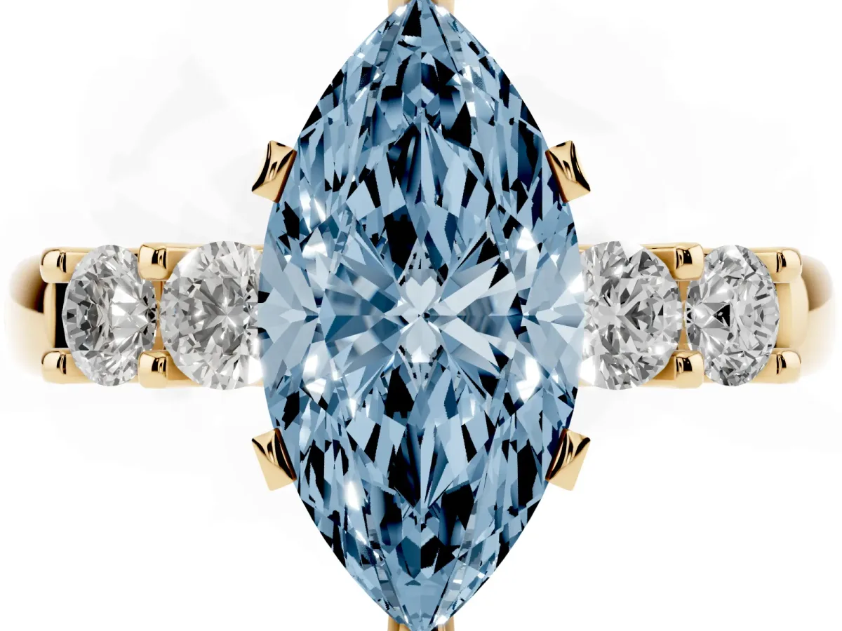 Fancy Blue Marquise Cut Brilliant Cut Diamond Five-Stone Prong Set Engagement Ring with Channel Band Yellow gold