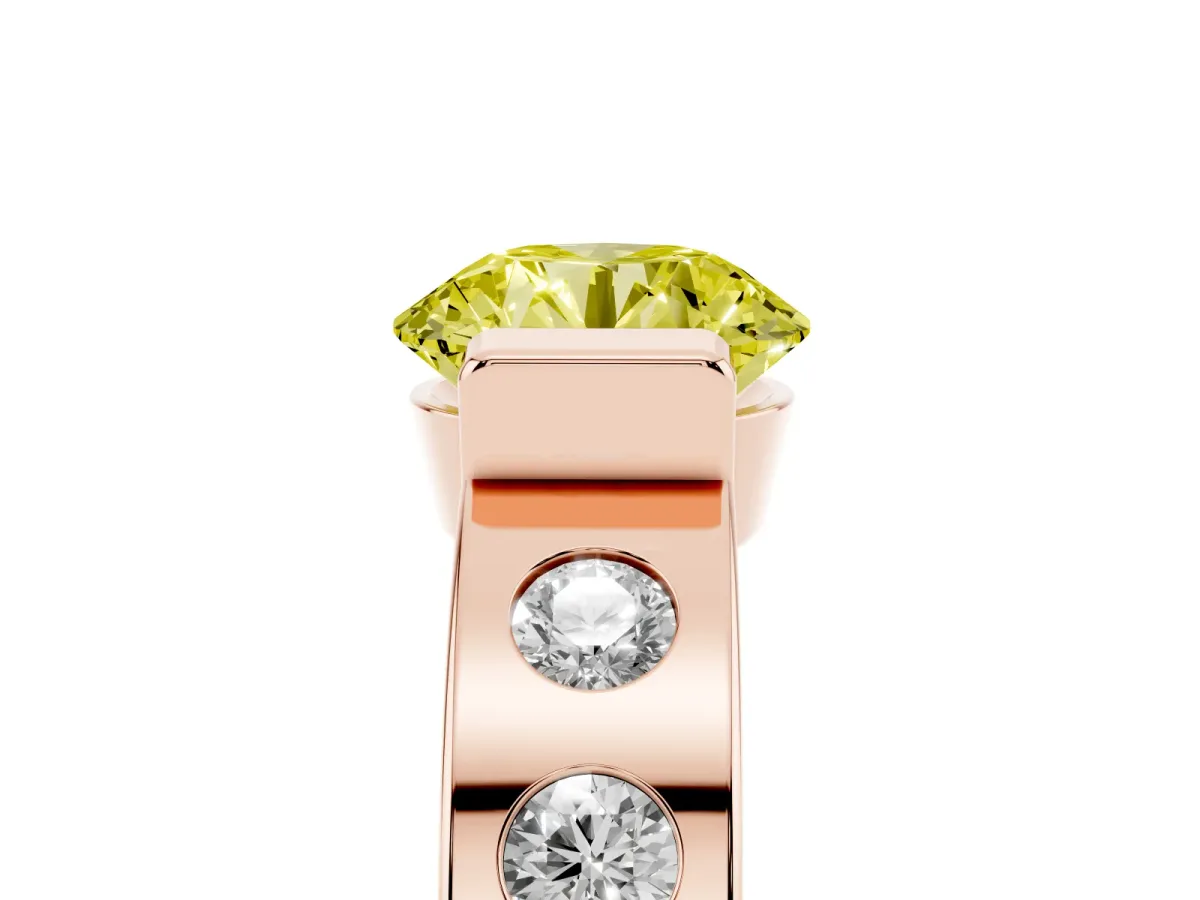 Fancy Yellow Round Cut Brilliant Channel-Set Diamond Ring with Bezel Prong Setting Rose gold