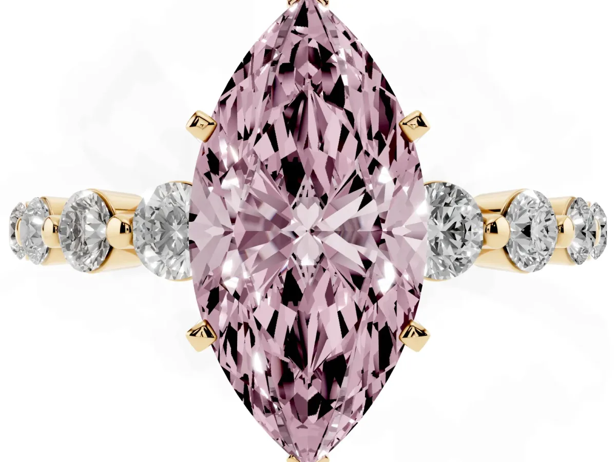 Fancy Pink Marquise Cut Solitaire Diamond Ring with Pave Band and Four-Prong Setting Yellow gold