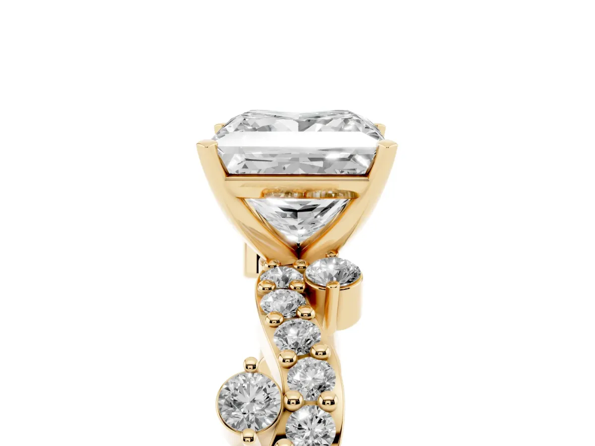 Princess Cut Cut Solitaire Diamond Twisted Band with Pave Setting Yellow gold