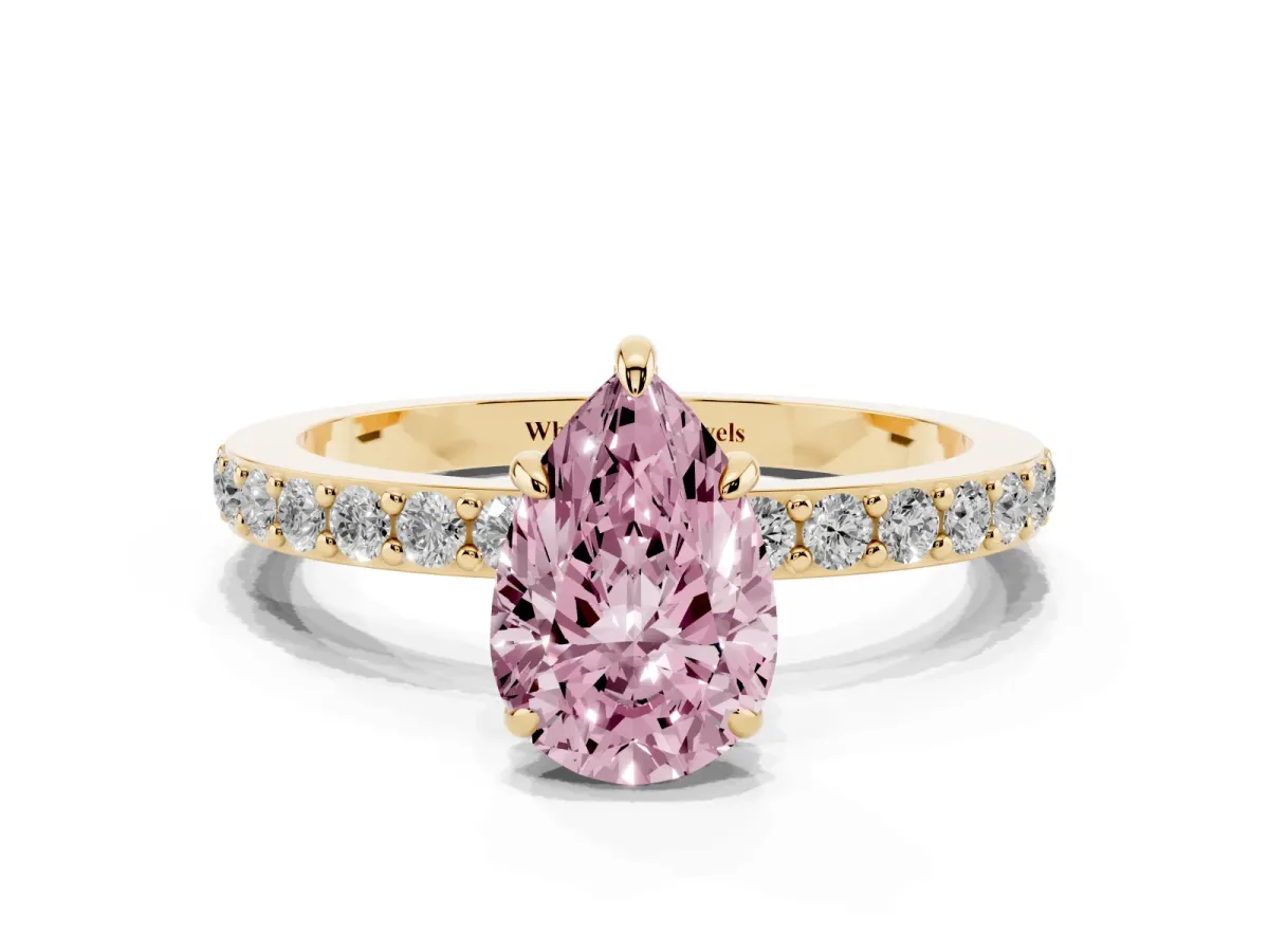 Fancy Pink Pear Cut Diamond Pavé Engagement Ring with Round Accents and Prong Setting Yellow gold