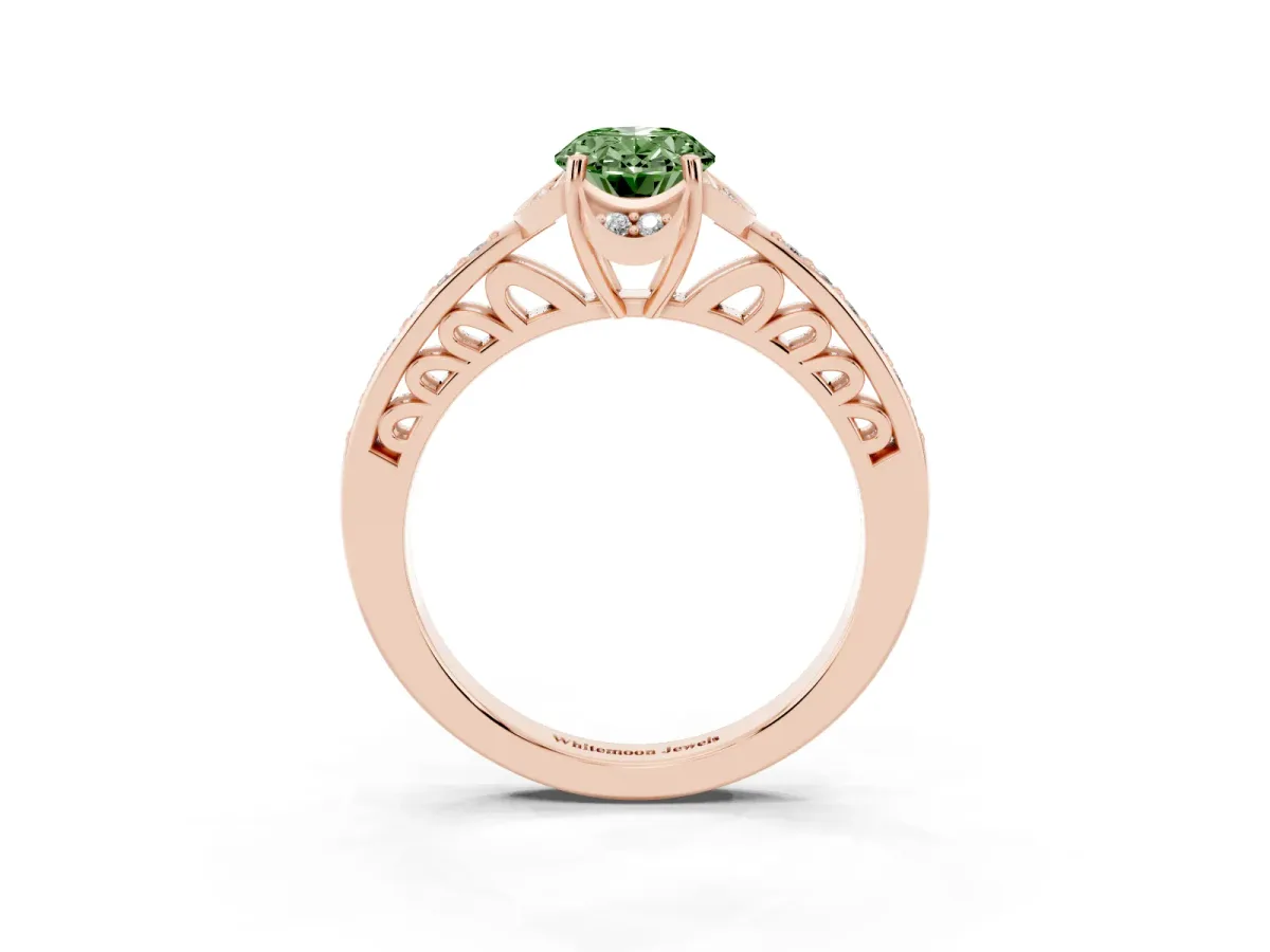 Fancy Green Oval Cut Cut Halo Diamond Ring with Channel Set Band and Four-Prong Setting Rose gold