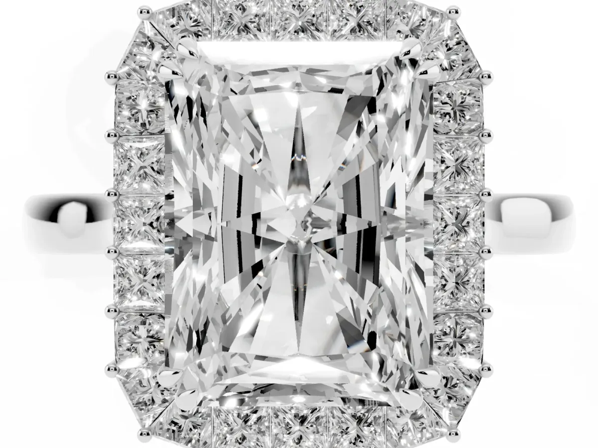 Radiant Diamond Baguette Halo Engagement Ring Silver