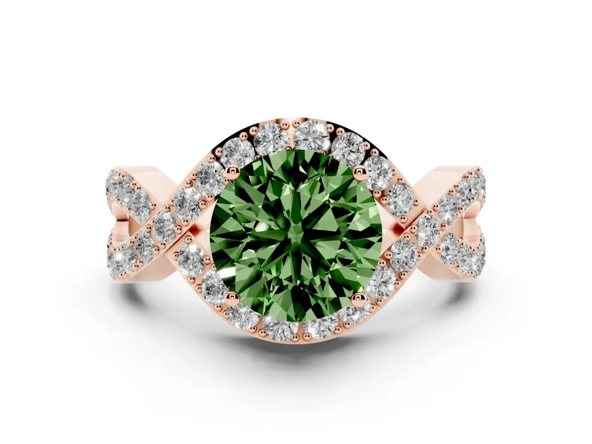 Fancy Green Round Cut Solitaire Twist Band Pavé Diamond Engagement Ring Rose gold