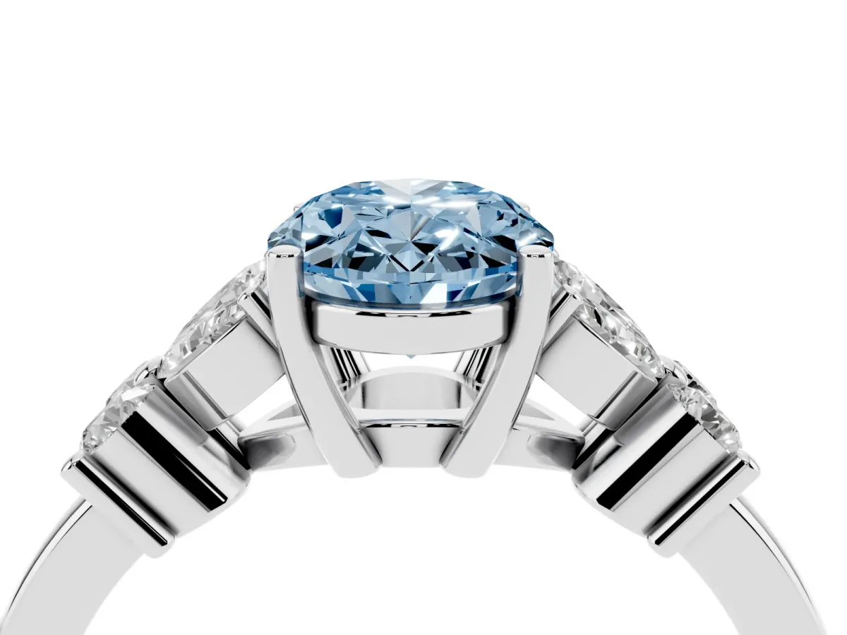 Fancy Blue Oval Cut Diamond Floral Cluster Ring with Solitaire Band and Prong Setting Silver