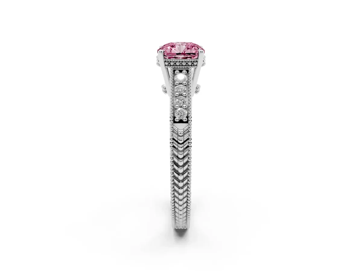 Fancy Pink Cushion Cut Solitaire Pavé Diamond Milgrain Engagement Ring with Four-Prong Setting Silver