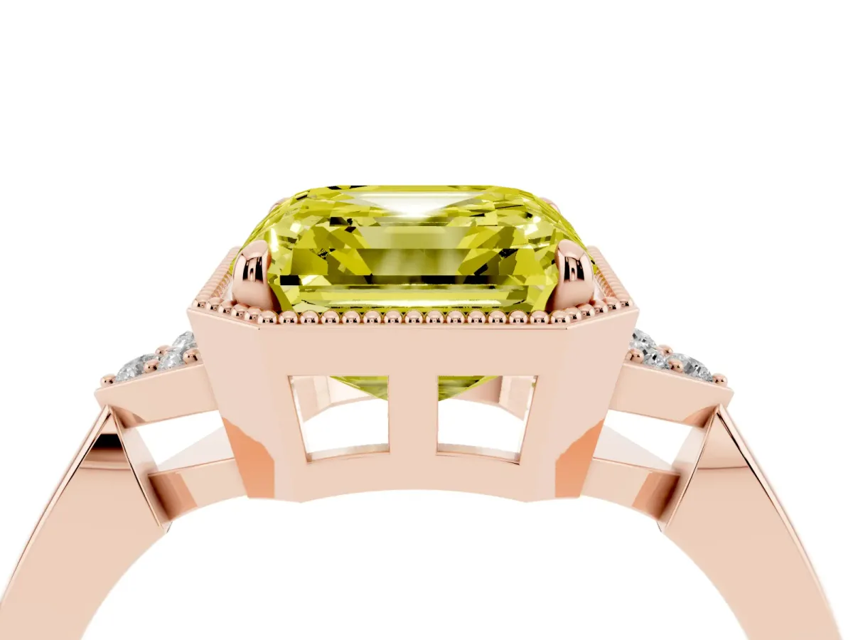 Fancy Yellow Asscher Cut Diamond Halo Ring with Tapered Band and Four-Prong Setting Rose gold