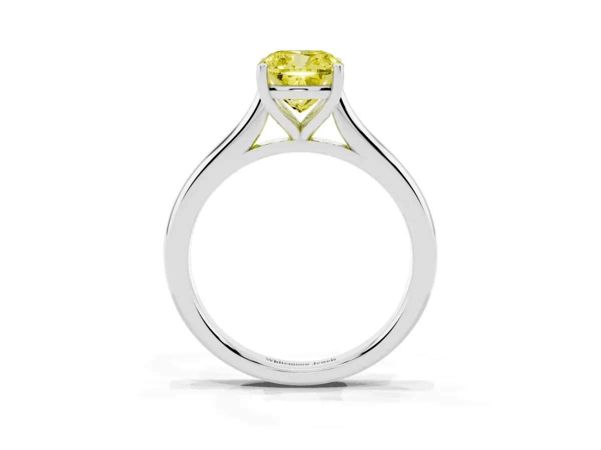 Fancy Yellow Cushion Cut Cut Solitaire Ring with Cathedral Band and Four-Prong Setting Silver