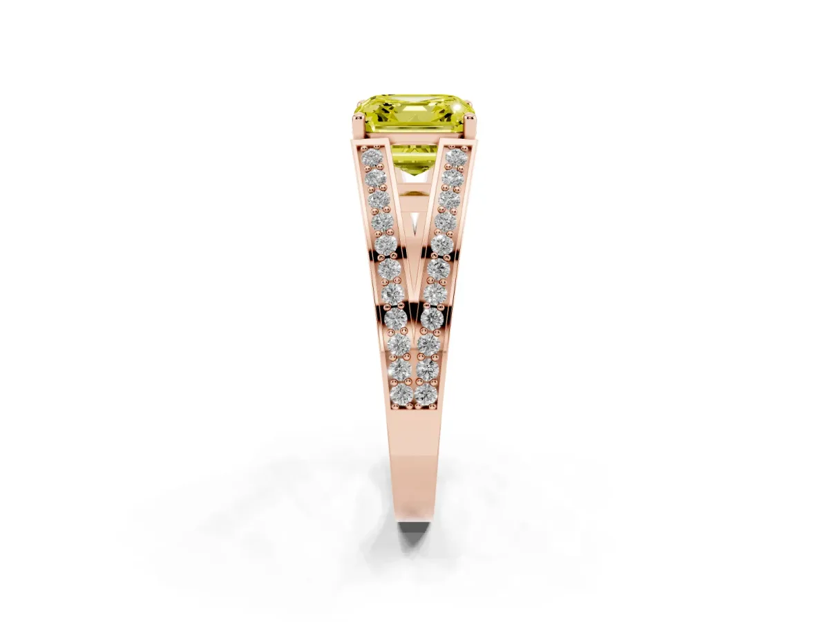 Fancy Yellow Asscher Cut Diamond Split Shank Ring with Pavé Band and Four-Prong Setting Rose gold