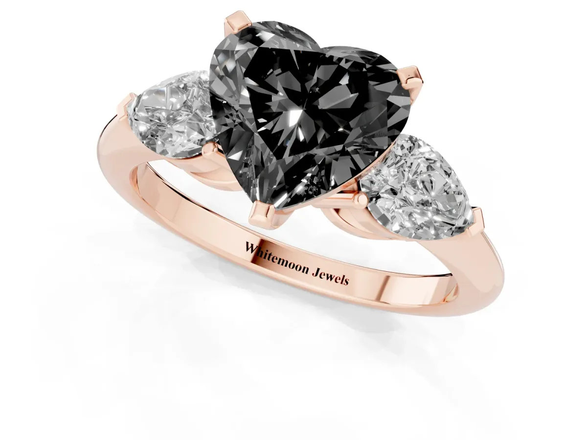 Fancy Black Three-Stone Heart Cut Diamond Ring with Pear Side Stones and Four-Prong Setting Rose gold