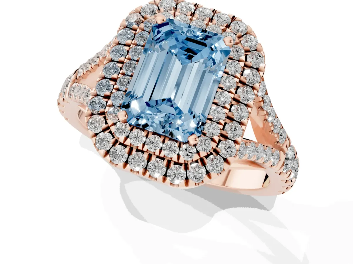 Fancy Blue Emerald Cut Diamond Pavé Split Shank Double Halo Engagement Ring Rose gold