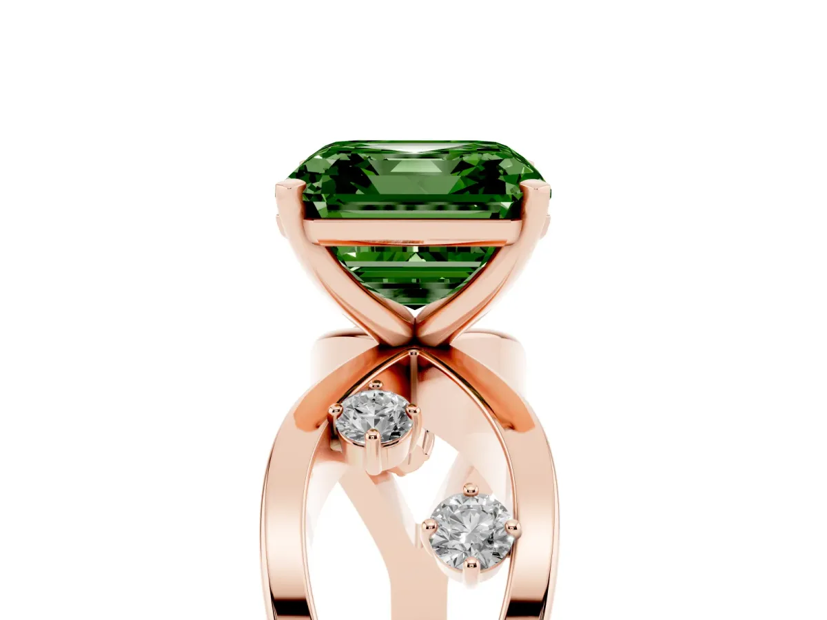Fancy Green Asscher Cut Cut Solitaire Diamond with Side Stones on Criss-Cross Band and Four-Prong Setting Rose gold