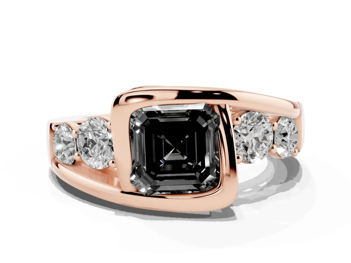 Fancy Black Bezel Set Asscher Cut Diamond Bypass Ring with Round Accents Rose gold