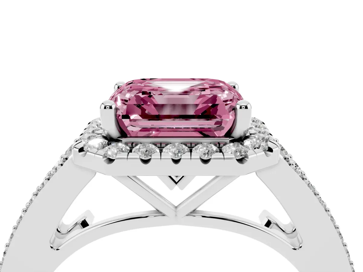 Fancy Pink Asscher Cut Halo Split Shank Diamond Ring with Prong Setting Silver