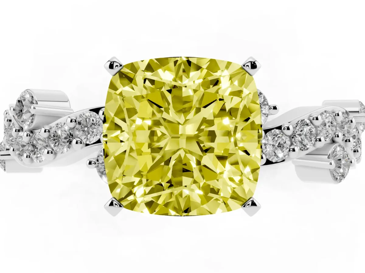 Fancy Yellow Cushion Cut Cut Solitaire Diamond Twisted Band with Pave Setting Silver