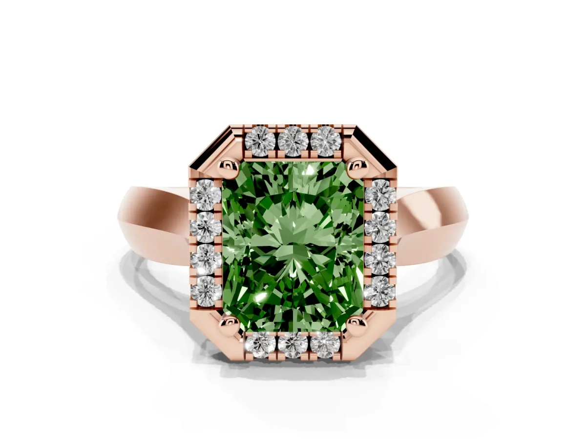 Fancy Green Radiant Cut Cut Halo Solitaire Engagement Ring with Square Band and Four-Prong Setting Rose gold