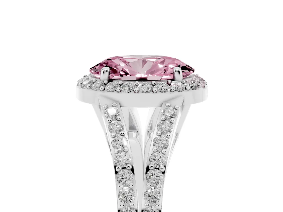Fancy Pink Oval Cut Halo Split Shank Diamond Ring with Prong Setting Silver