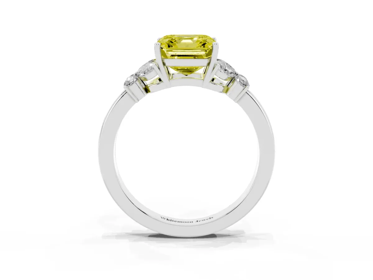Fancy Yellow Asscher Cut Cut Solitaire Floral Diamond Ring with Four-Prong Setting Silver