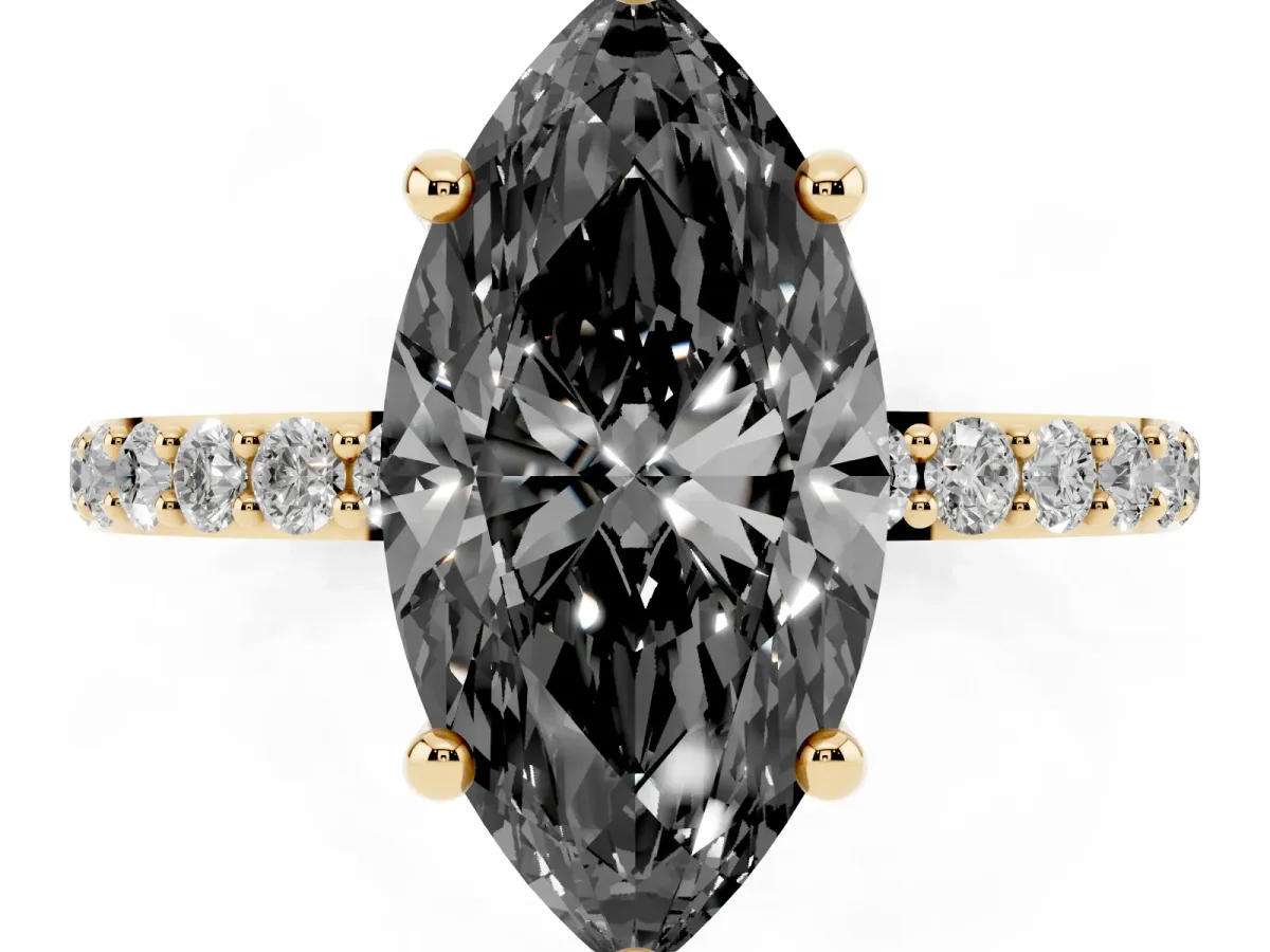 Fancy Black Marquise Cut Diamond Solitaire Ring with Round Pavé Band and Prong Setting Yellow gold