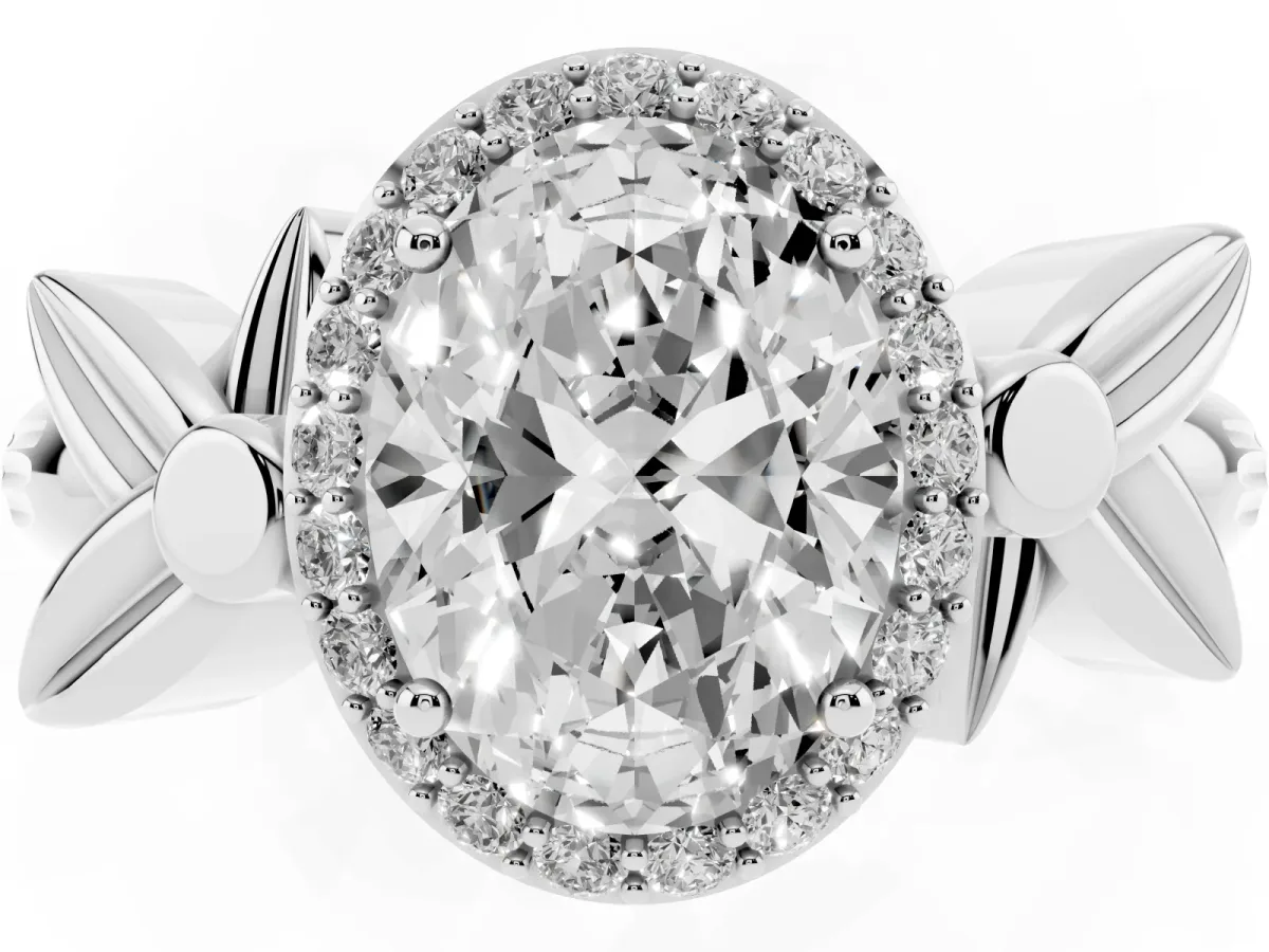 Oval Cut Halo Diamond Floral Band with Four-Prong Setting Silver