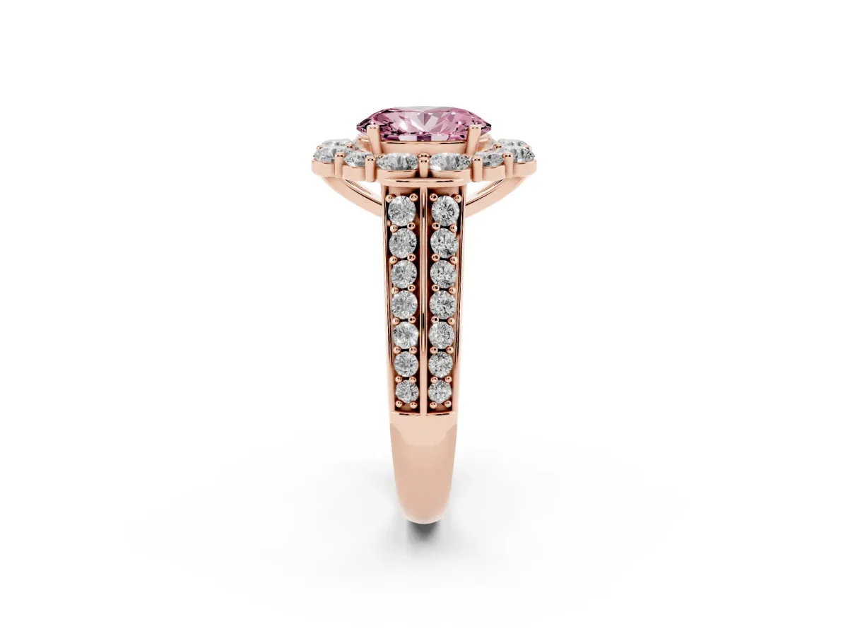 Fancy Pink Oval Cut Halo Diamond Engagement Ring with Split Shank and Prong Setting Rose gold