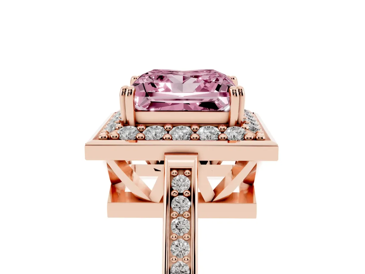 Fancy Pink Princess Cut Diamond Halo Ring with Split Shank and Four-Prong Setting Rose gold