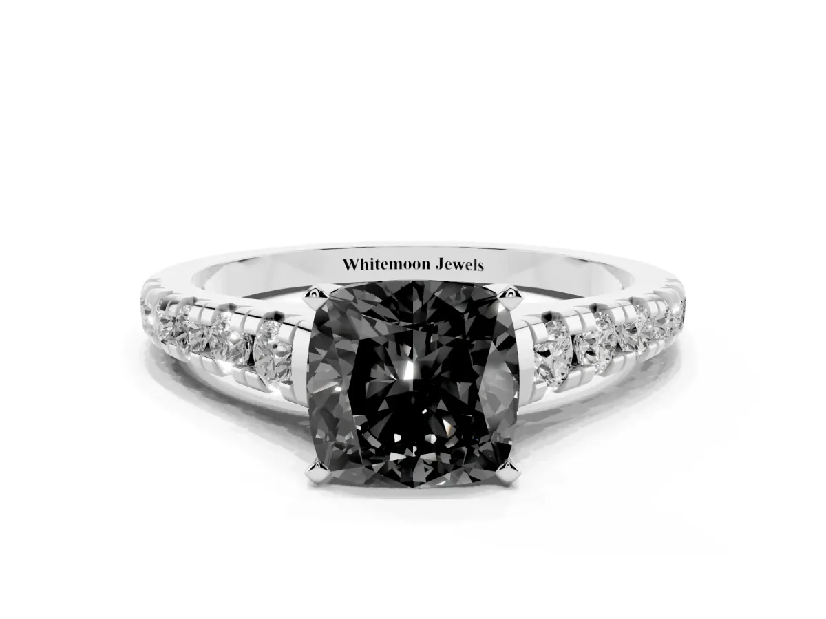 Fancy Black Cushion Cut Diamond Cathedral Solitaire Ring with Round Pavé Band Silver