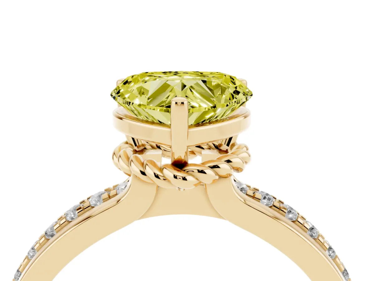 Fancy Yellow Heart Cut Solitaire Diamond Ring with Channel Set Band and Six-Prong Setting Yellow gold