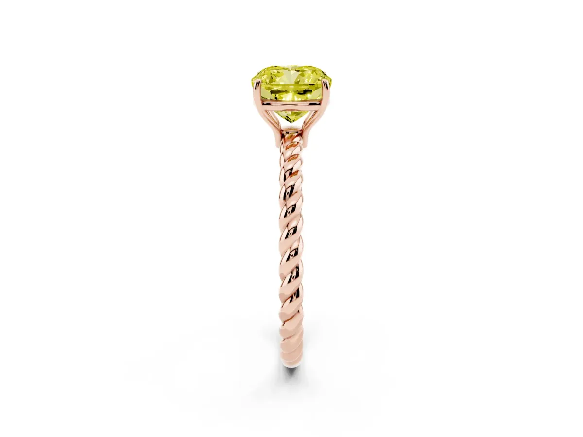 Fancy Yellow Cushion Cut Solitaire Twist Band Ring with Four-Prong Setting Rose gold