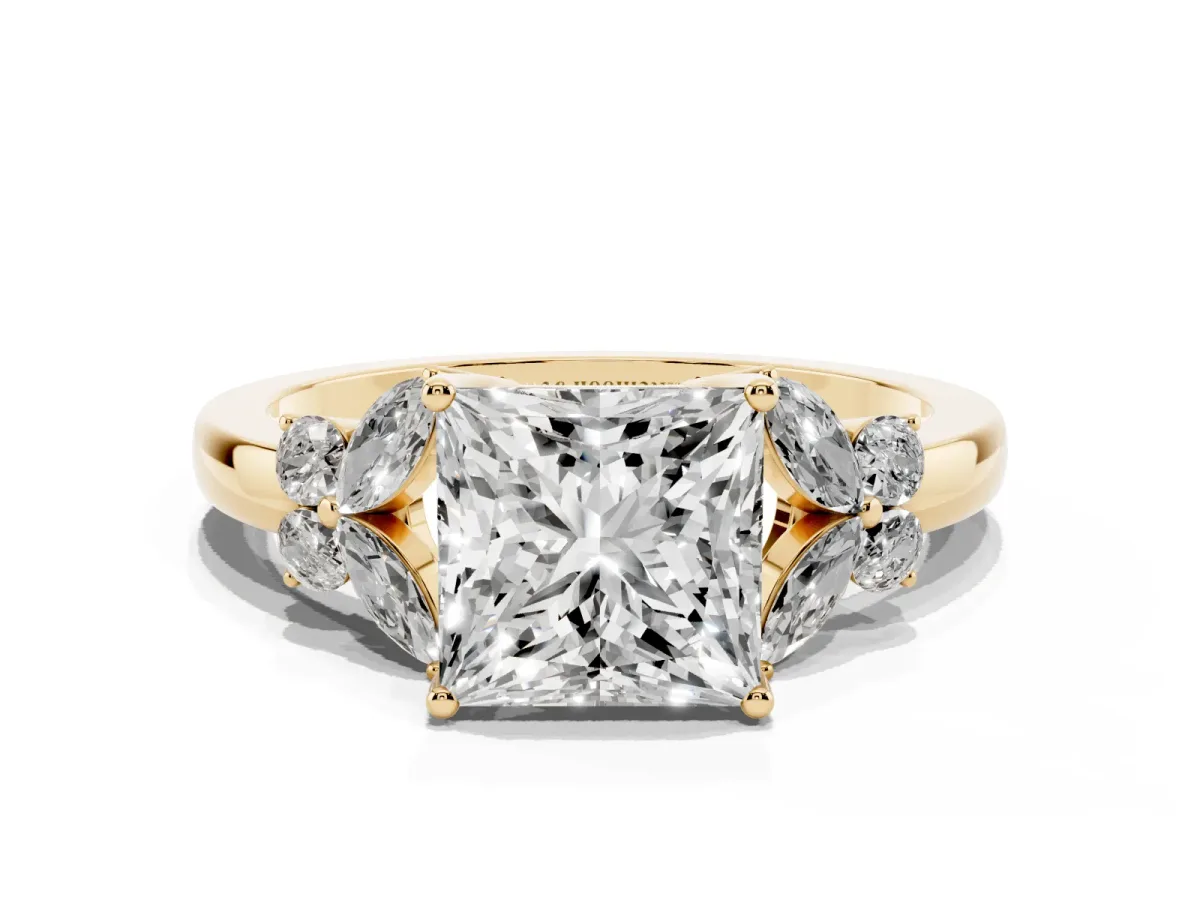 Princess Cut Cut Solitaire Floral Diamond Ring with Four-Prong Setting Yellow gold