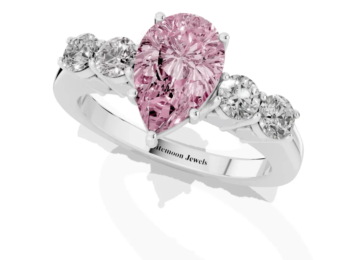 Fancy Pink Pear Cut Cut Diamond Five-Stone Prong Set White Gold Ring Silver