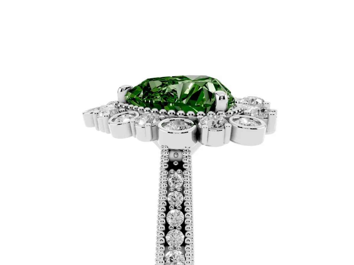 Fancy Green Heart Cut Halo Milgrain Pave Diamond Ring with Four-Prong Setting White gold